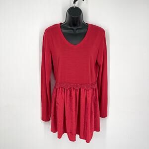 Seg’ments Merino Wool V-Neck Tunic Top Sz M Red Pleated Textured Lower Lace